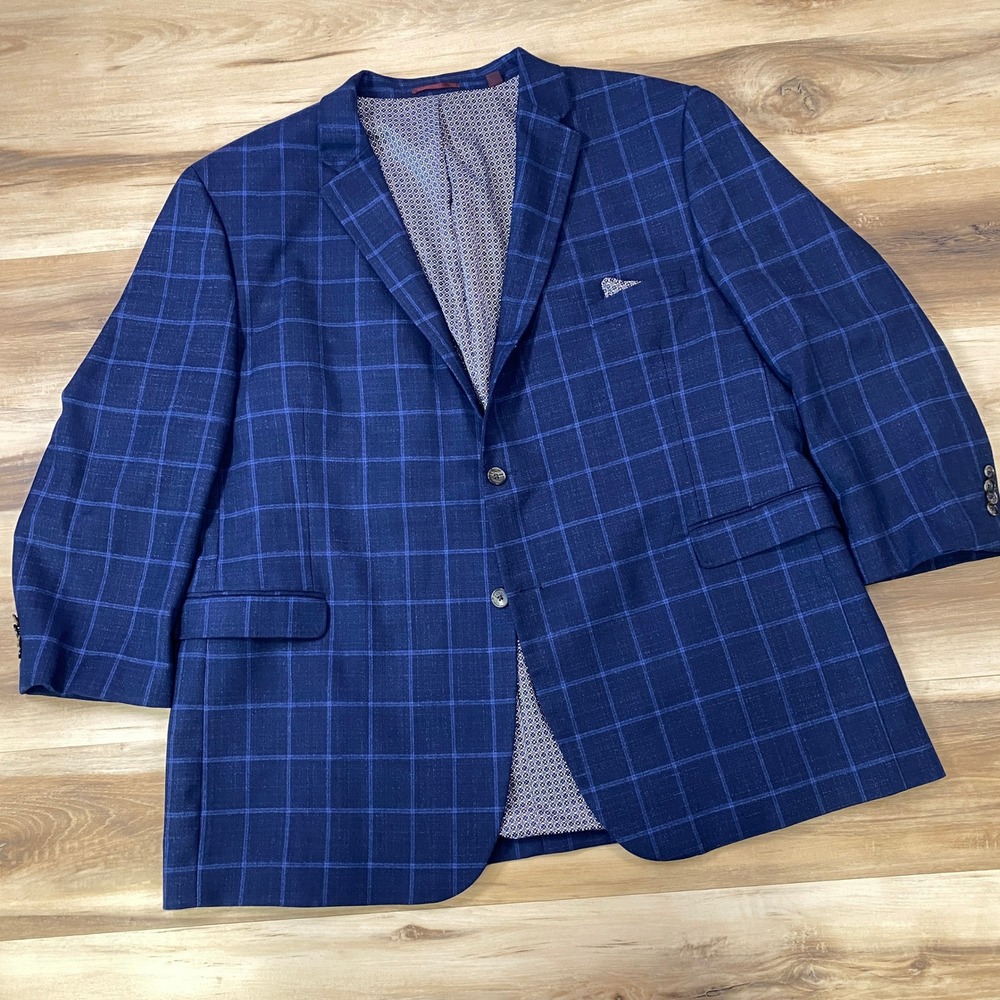 Johnston & Murphy Sport Coat Mens XXXL Short Windowpane Poly Blend Blue Classic